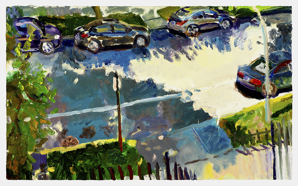 Brad Stumpf's painting "Kenmore Ave." A shady street curves under a streetlight. The sidewalk is deserted, but there are cars parked on both sides of the road, and one tree in the bottom left corner, though the shadows imply trees beyond the edges of the canvas. Towards the top right, the sun breaks through the tree cover and illuminates a black sedan and the asphalt. 