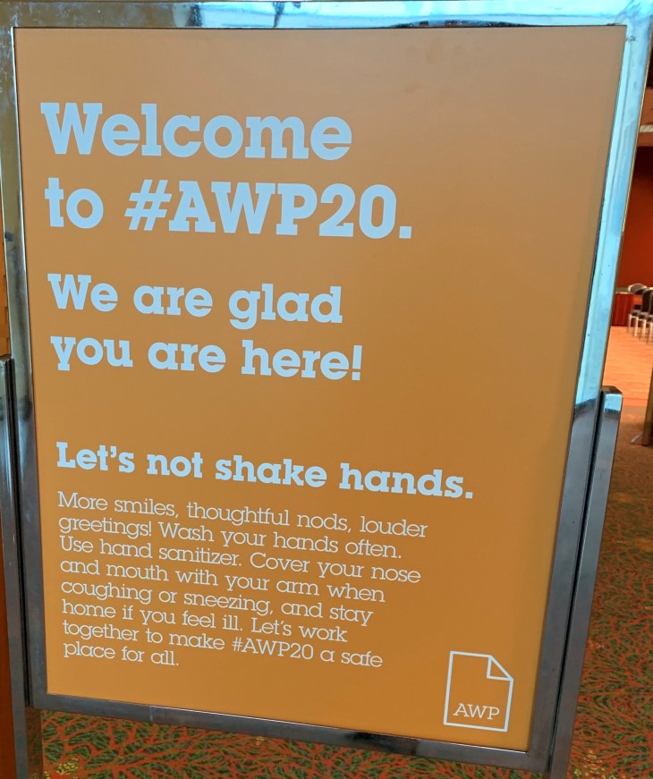 AWP 20 Sign. Let's not shake hands. Companik 3-16-2020