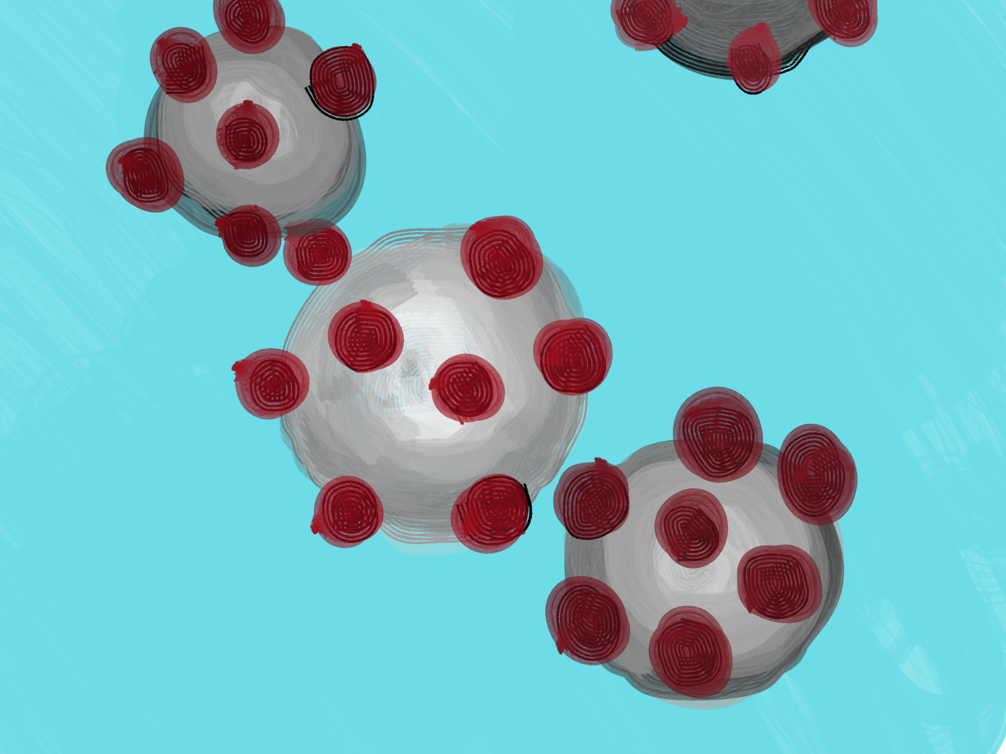 A dot painting of the coronavirus by Samuel Schwindt.On a teal blue background the viral particles are gray spheres dotted with red spike proteins