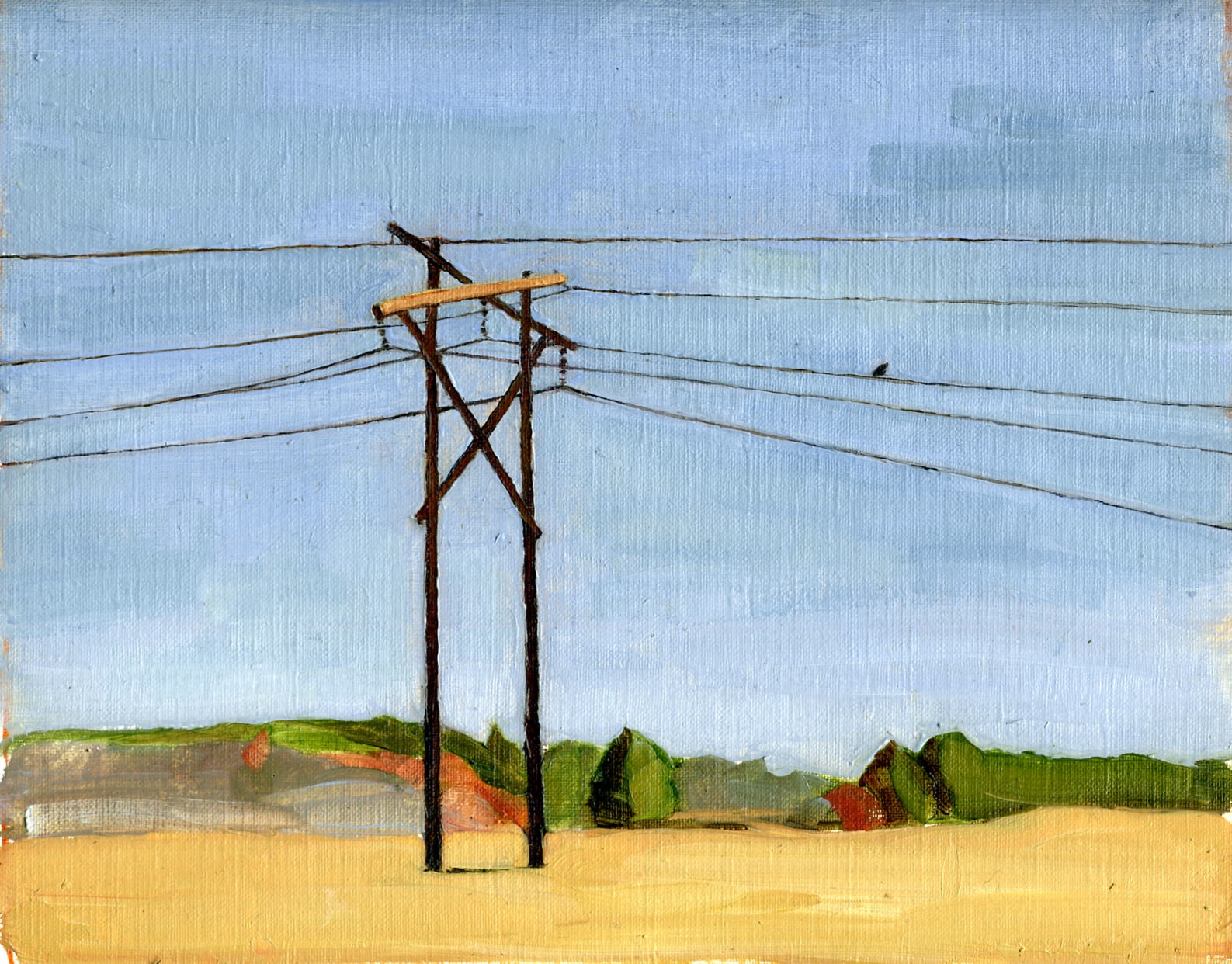 Autumn in Osgood by Fabien Tepper. This painting features a powerline on a flat yellow field, in front of distant trees and buildings, and a wide blue expanse of sky.