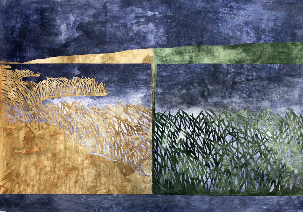 Collage of beige and green grass atop a mottled indigo and white backdrop reminiscent of an isolated coast.