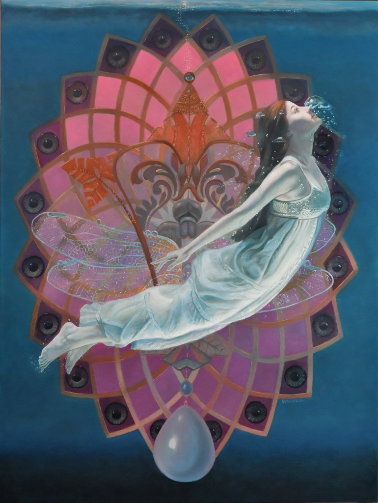 Oil painting of a floating woman in front of a large dragonfly and a pink geometric pattern with many eyes. 