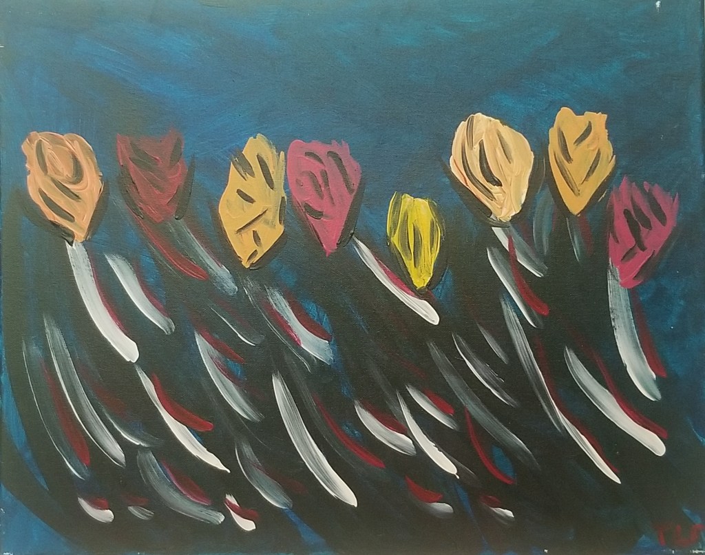 Tulips in the Wind by Tain Leonard-Peck. Orange, yellow and red flowers on a deep teal blue background. Their bright leaves are white and red, stretching diagonally up towards the blossoms, creased with black shadow. 