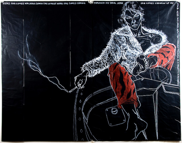 Drawing of someone in a white fluffy coat and red pants smoking in the dark.