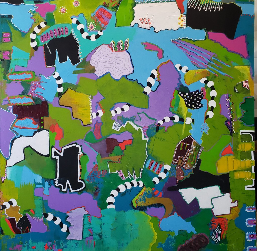 black, white and purple abstractions on a green and blue world, connected by a black thread ringed with white beads.