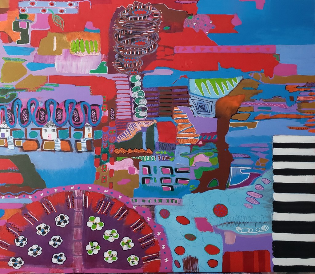 Abstract blue and red shapes patterned with swirls, flowers and a series of black and white rectangles off to the lower right side.