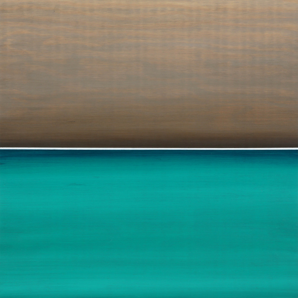 Teal blue under light brown with white horizon.