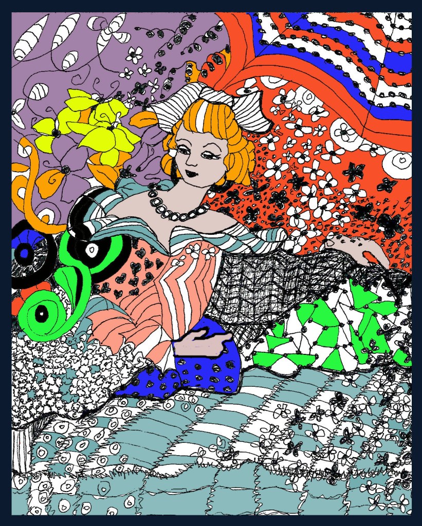 A digital painting of a white woman with red hair, large black earrings, and a pearl necklace, wearing a quilt-like dress made of a number of different textures and colors, including white and teal stripes, green swirls, purple and yellow flowers, and red, blue, green, teal, and pink boxes. 