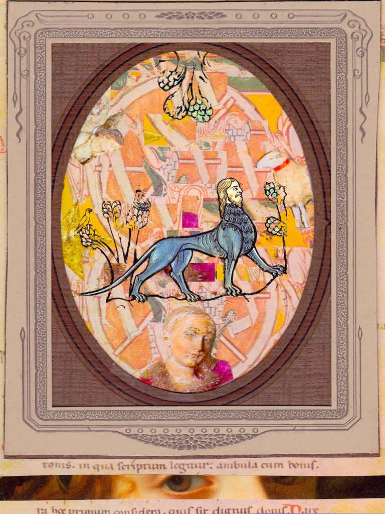 A cobalt blue griffin with a blond beard strides across an oval window amid artichokes on an orange ground above the faint oblique head of a girl in a daze