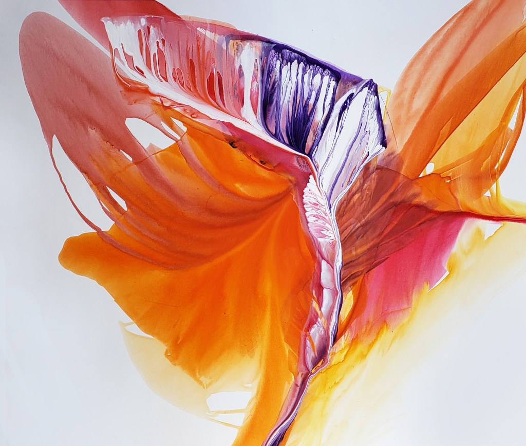 A painting of abstract shapes. Orange, yellow, and red strokes, looking like a translucent fabric, border purple, pink, and white paint dripping down the center. 