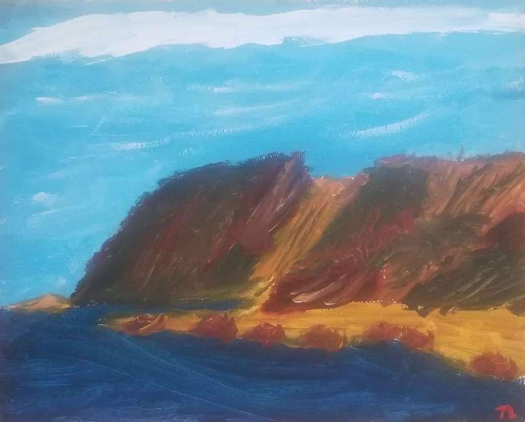 A painting of a hill and beach next to water. The sky is a light blue and the water below is much darker. The hill is composed of shades of brown and red and is cut by a yellow path leading down it to the yellow beach. The painting is done in thick strokes. 
