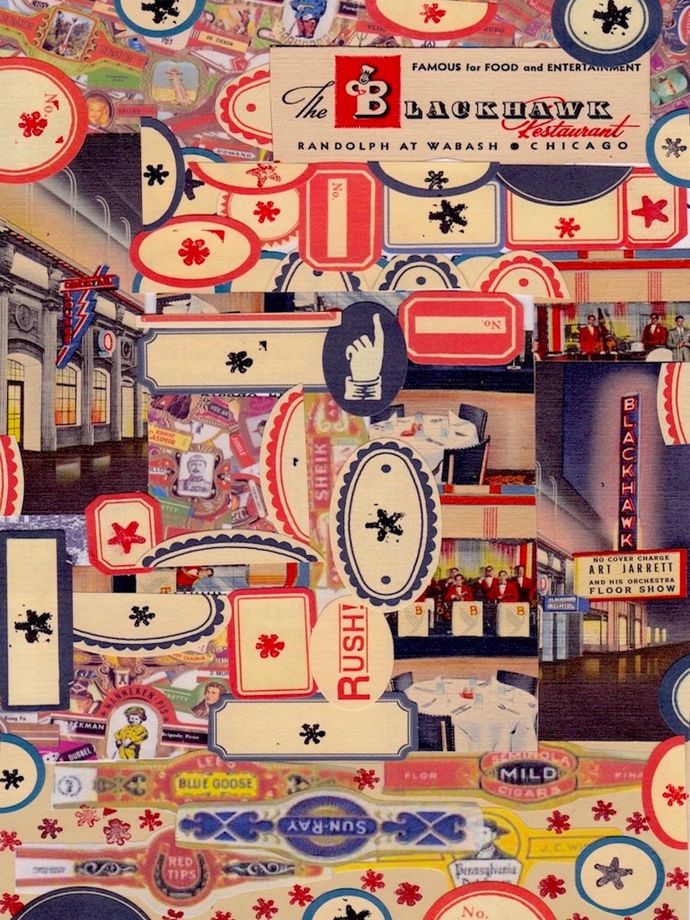 Collage of illustrations and stickers. Blue and red are the main colors of this piece. Lots of oval sticks with stars and flowers are scattered. A hand pointing up is near the center of the page. An old-fashioned theatre marquee reading "Blackhawk" is to the right of the page.