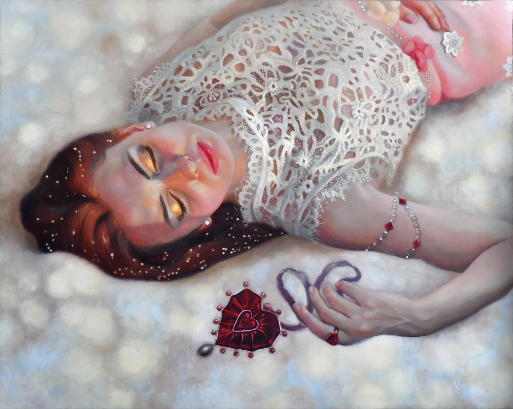 Painting of a woman asleep on a bed of clouds. She is wearing a white lace shirt and a pink skirt. She has a red ring on her index finger and a pearl bracelet around her wrist. In her hair are mini beads, maybe diamonds. Her lipstick is pink and her eyeshadow is gold.