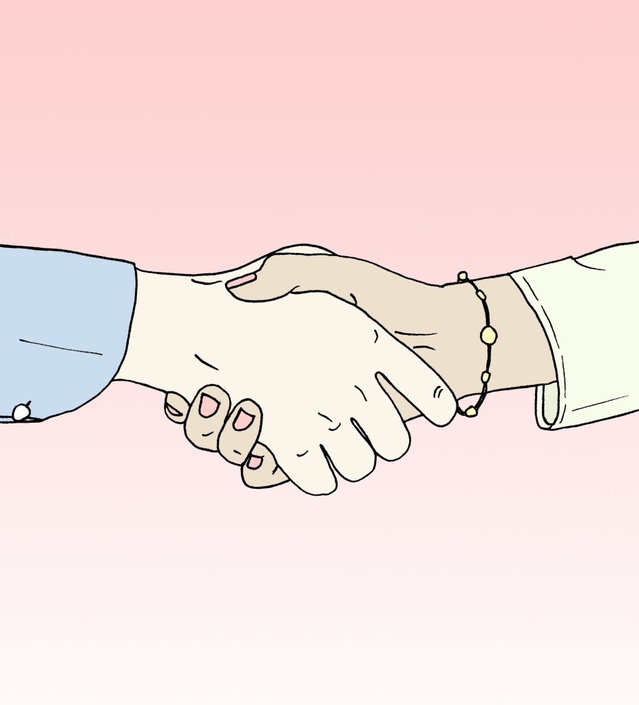 A pastel color-scheme; two shaking hands. One hand has pale pink nail polish and a bracelet. The other has a blue sleeve.