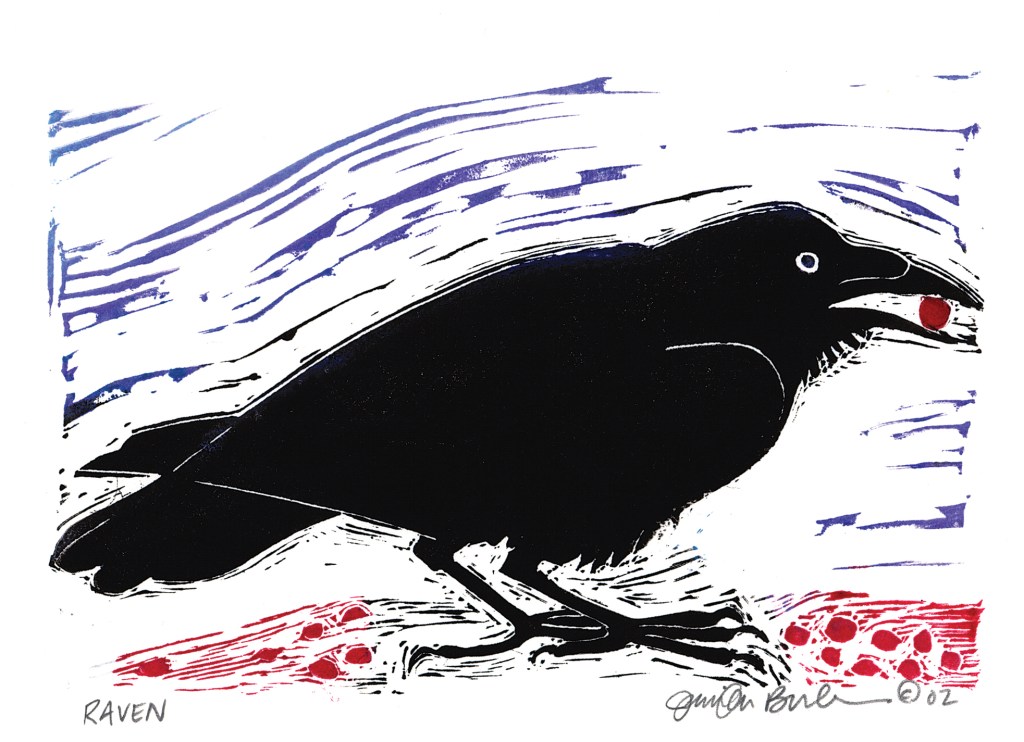Linoleum print of a raven with a red berry circle in its beak. A few blue lines make up the background. The raven is standing on a red surface.
