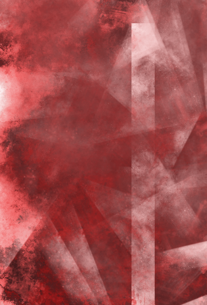 Abstract painting; red is the main color, with a little bit of white. Thick straight lines of white are randomly placed in different directions and angles. The red has a smoky look to it, as if there are clouds within the paint.