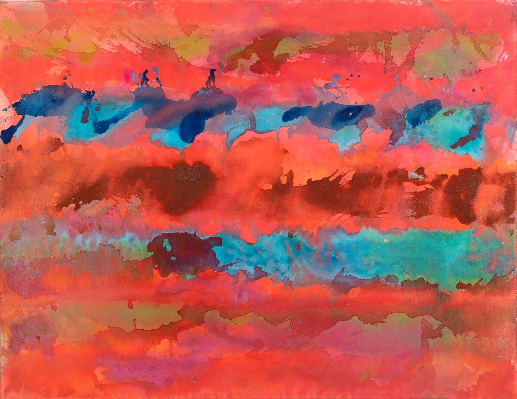 Watercolor-esque painting. The majority of the painting is made up of red and orange stripes Some light blue and dark blue stripes are featured in the middle.