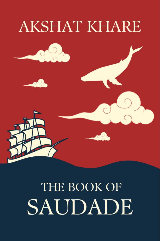 Red and navy blue book cover with white serif font for author's name and title. The red top half of the cover acts like the sky. Illustrations of clouds and whales float around. The bottom half of the cover is navy blue and represents the ocean. A ship with multiple sails floats on top of the water.
