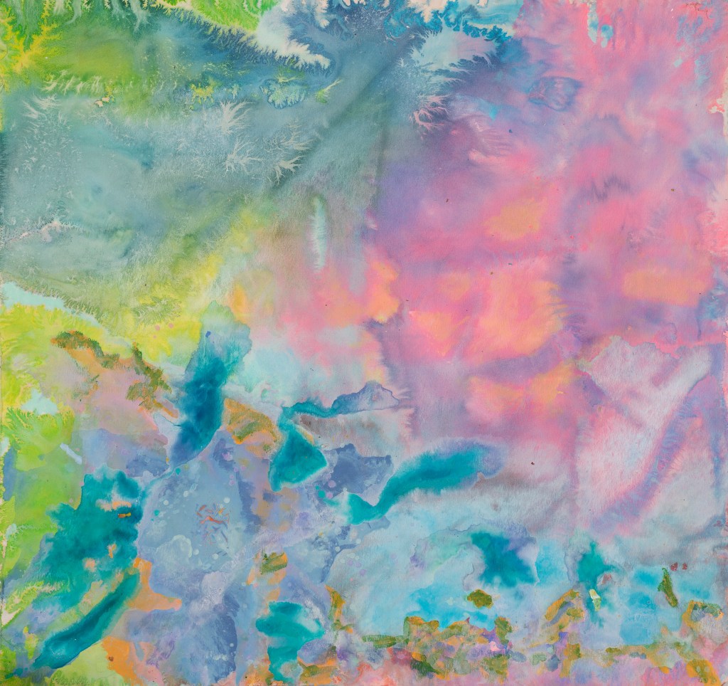 Crawford by Brian McPartlon. Bright colors of pink, blue, purple, orange, green, and yellow blend together like watercolors. Purple, pink, and orange are grouped together that bleed into different shades of blue. Green and yellow colors are grouped together on the left side of the image.