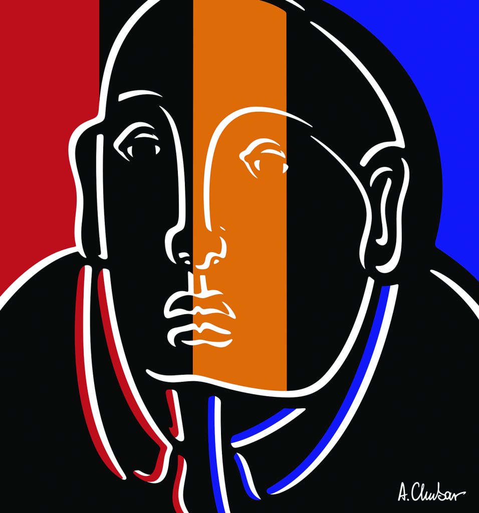 Portrait of a Man by Alexander Chubar. A man, outlined in white, with a rounded head, thick lips, long ears, and heavy lidded eyes gazes out. from a striped image. He is mostly black, with some red and blue outlining, and a vertical orange stripe through the middle of his face. His background is red on his right and blue on his left, like the outlining of his shirt's collar. He looks unemotional, stoic.