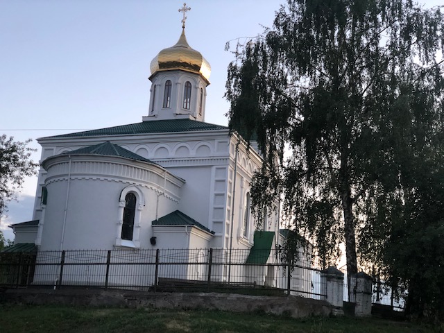 Author photograph of an ornate gray and white church with a golden dome. It is foregrounded by an elegant tree and a black iron fence. 