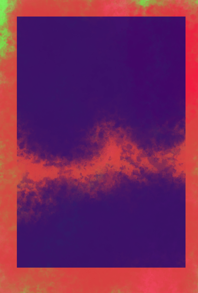 There Will Be Doubt 2 by Edward Lee. A purple rectangle superimposed on a red one with small specklings of yellow ochre at the bottom and neon green clouds at the top. The purple is interrupted by a chasm of red, as if the red divides two dissipating purple clouds, about 2/3 of the way down the image. 