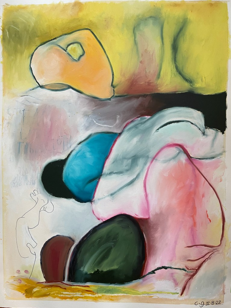 Abstract pastel artwork. "Fake Lace" by Char Gardner. There are pink and blue outlines, organic and fleshy, with brown and black and dark green rounded forms intersecting with the softened outlines. At the top, the white, red and black blurred background intersects a yellow section, where a rounded orange shape foregrounds blurred black figures in the distance.