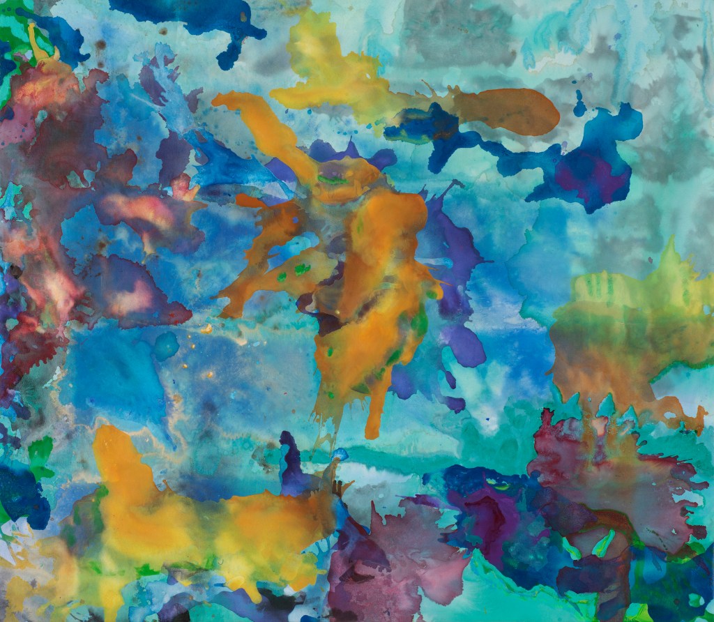 Art description: Crowd by Brian McPartlon is an abstraction of flowing and slpattered fluid shapes, purple, yellows, oranges, and greens and blues. It looks aquatic, like a forest of kelp and coral, sea lettuce and anemones, like a foreign world of life in water.