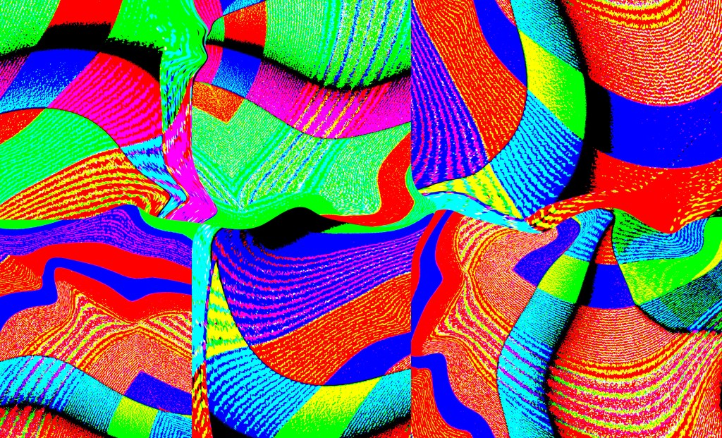 Bright neon abstract image of blue and red shapes.